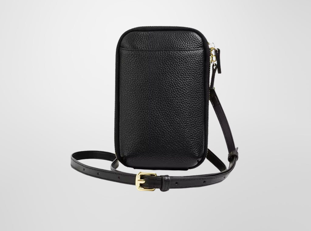 Black leather crossbody bag on a light gray background