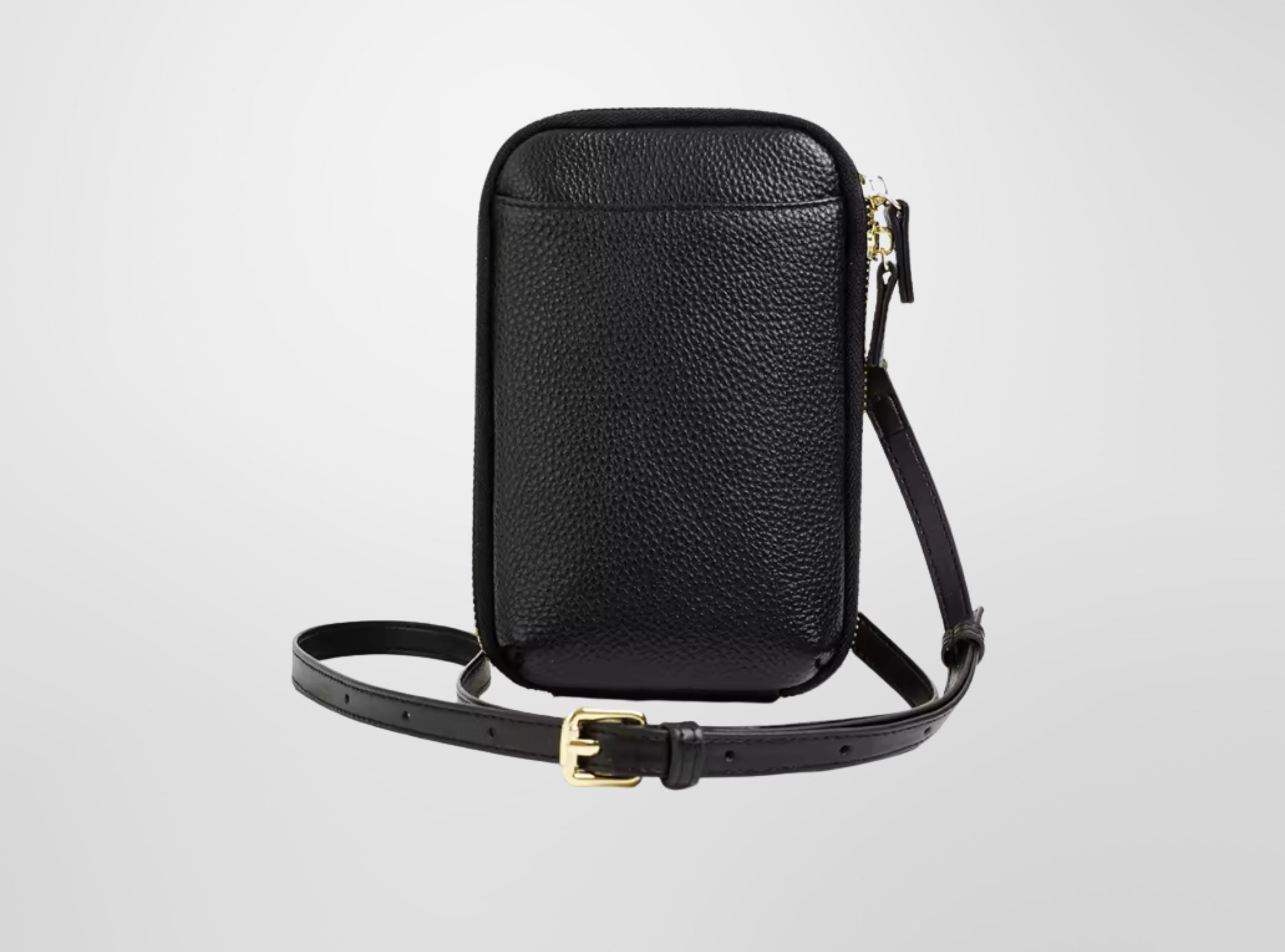 Black leather crossbody bag on a light gray background