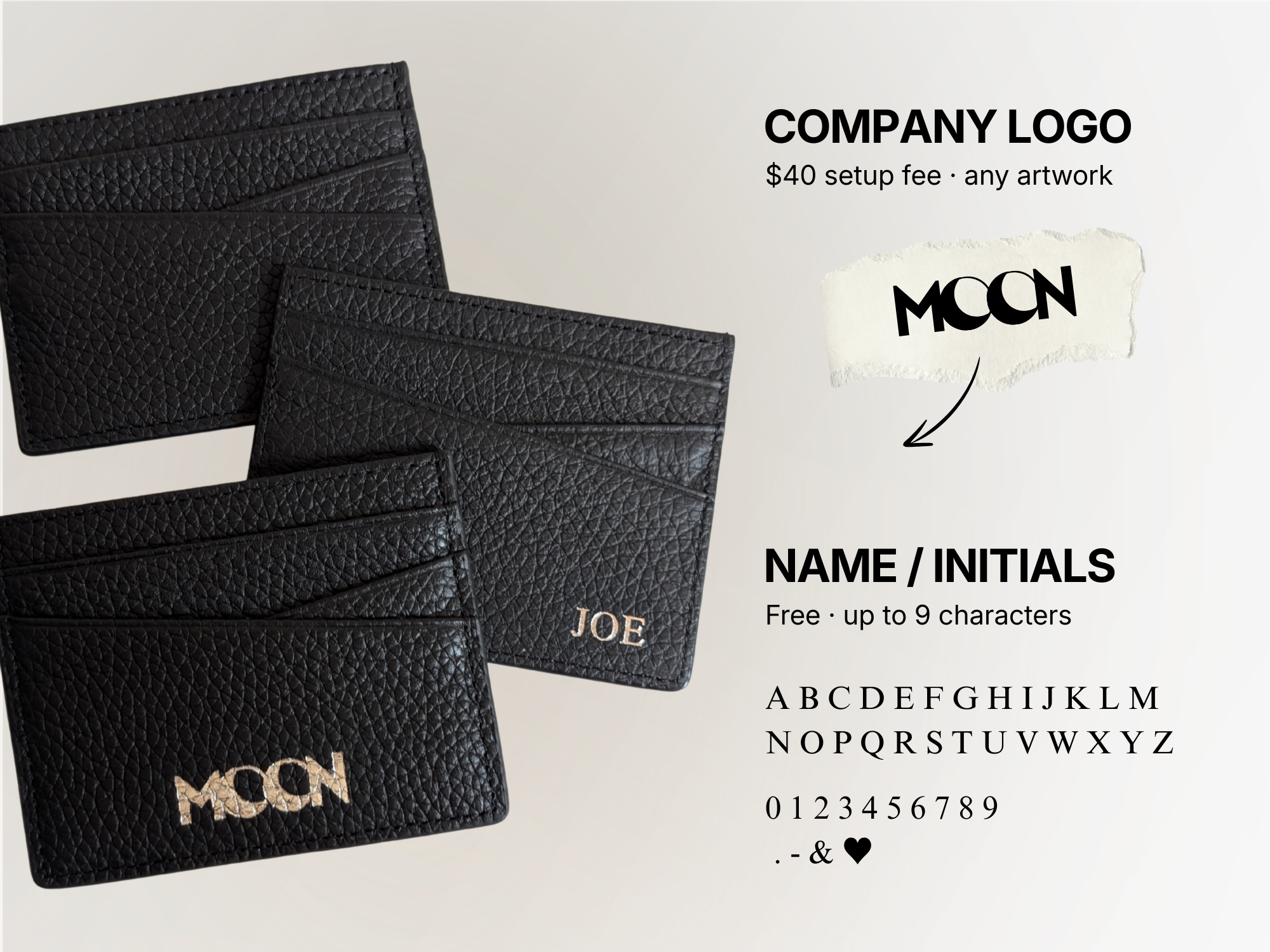 Black leather card holders with custom logo or custom name options.