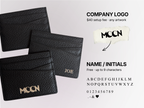 Black leather card holders with custom logo or personalised name or initials.