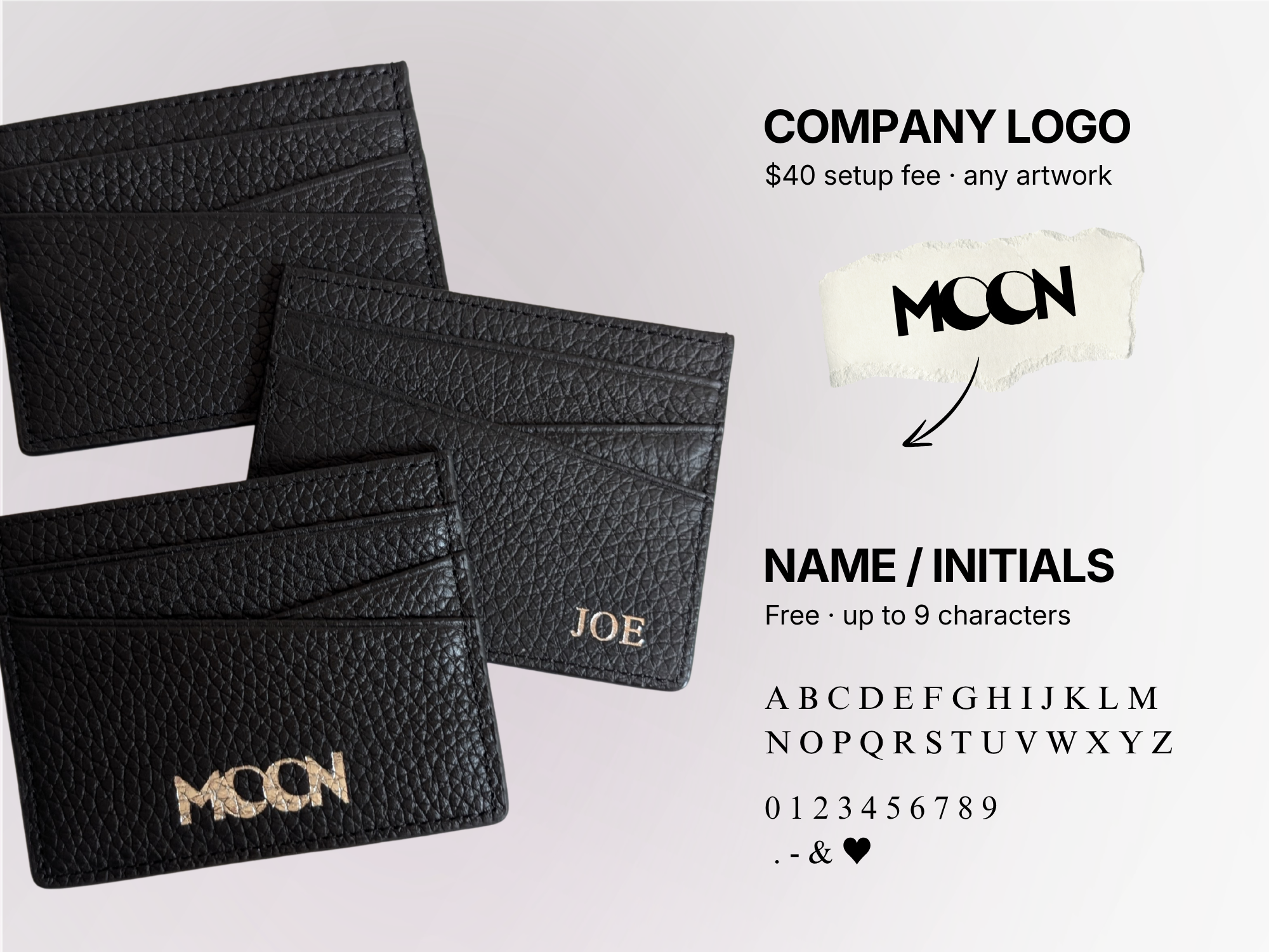 Black leather card holders with custom logo or personalised name or initials.