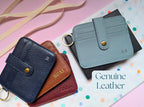 Four leather wallets in different colors on a colorful background with 'Genuine Leather' text.