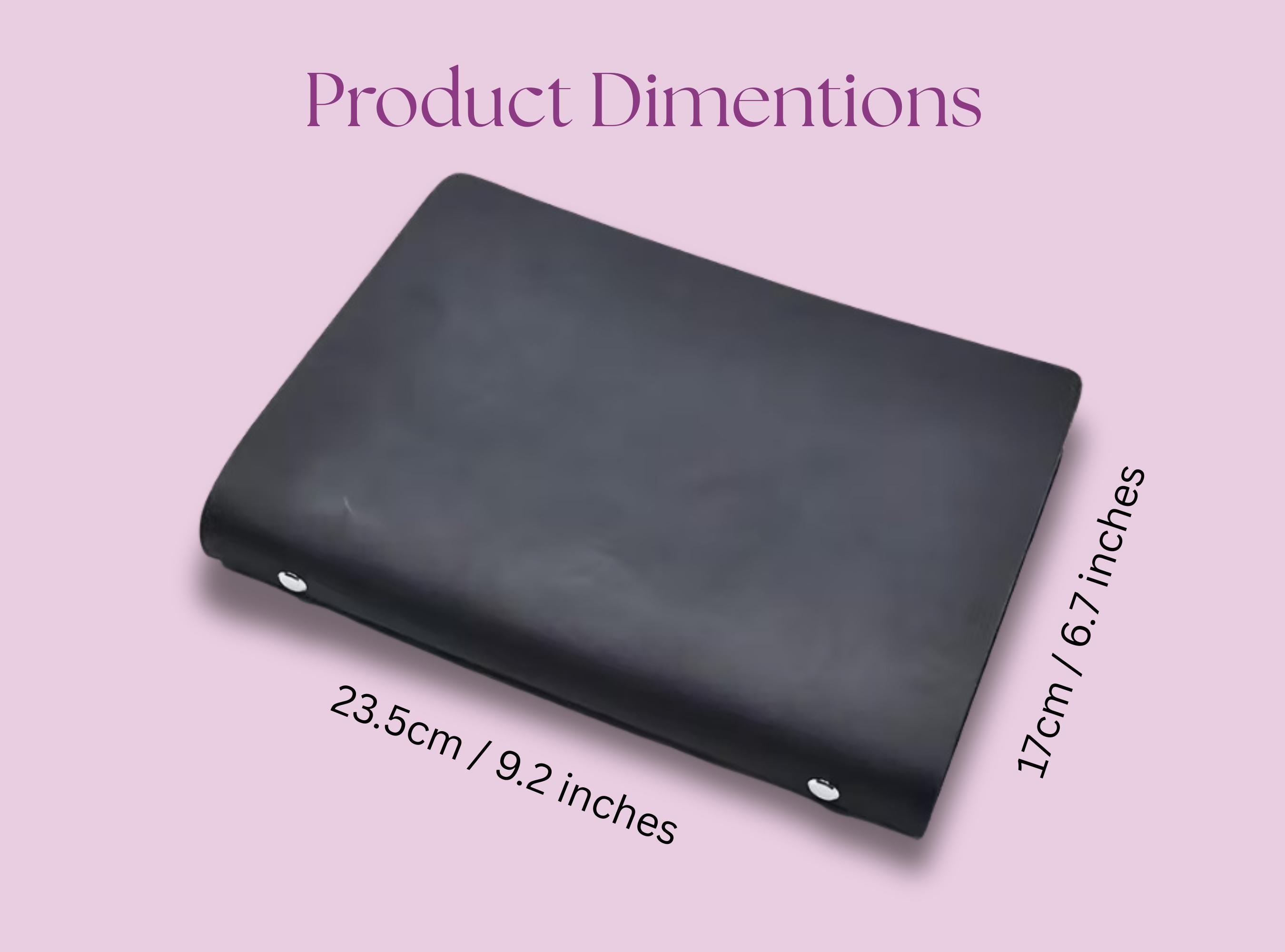 Black rectangular product on a pink background with dimensions displayed
