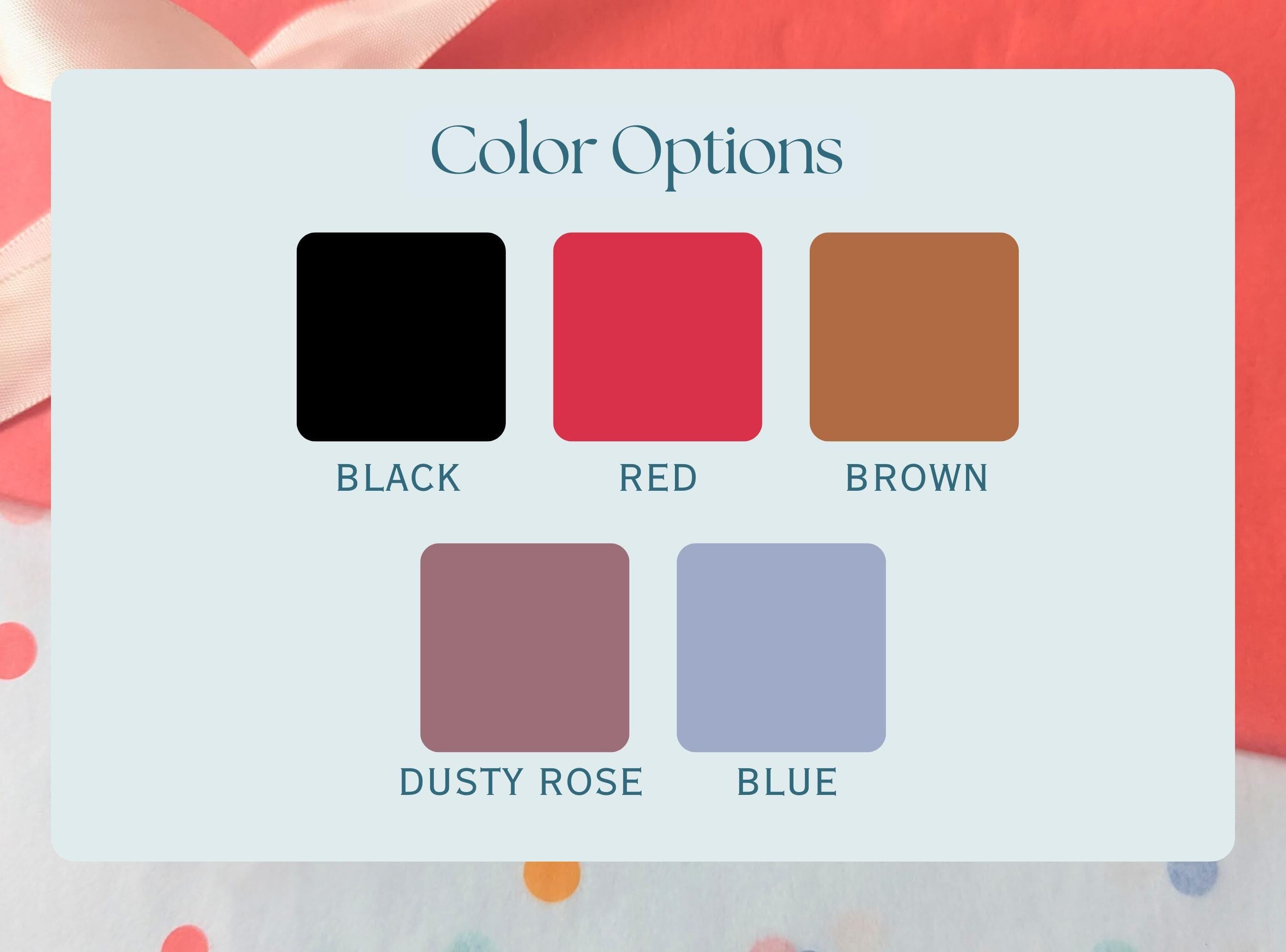 Color swatch card with black, red, brown, dusty rose, and blue options on a colorful background.