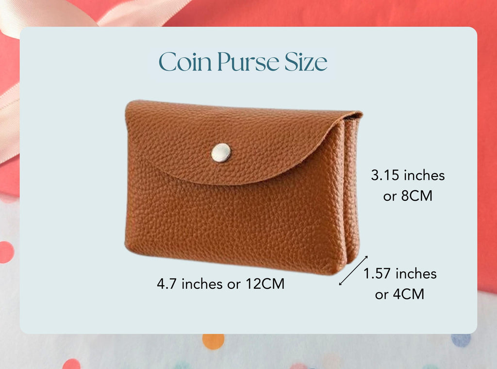 Brown coin purse with measurements on a colorful background