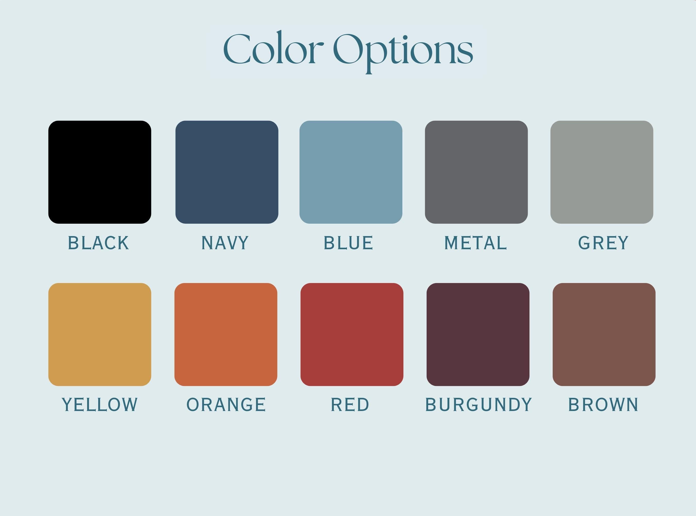 Color swatches labeled with options including black, navy, blue, metal, grey, yellow, orange, red, burgundy, and brown on a light gray background.