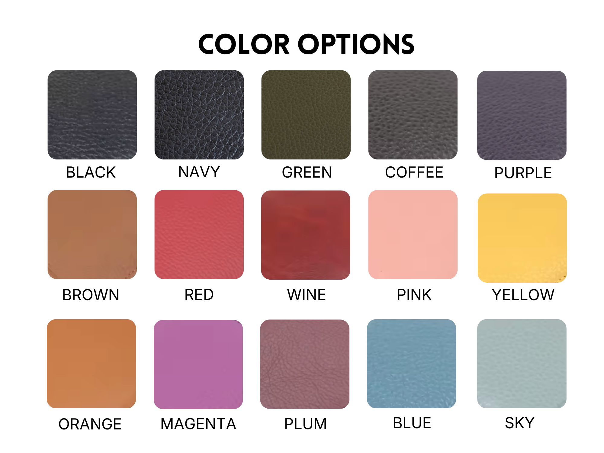 Color swatches labeled with color names on a white background