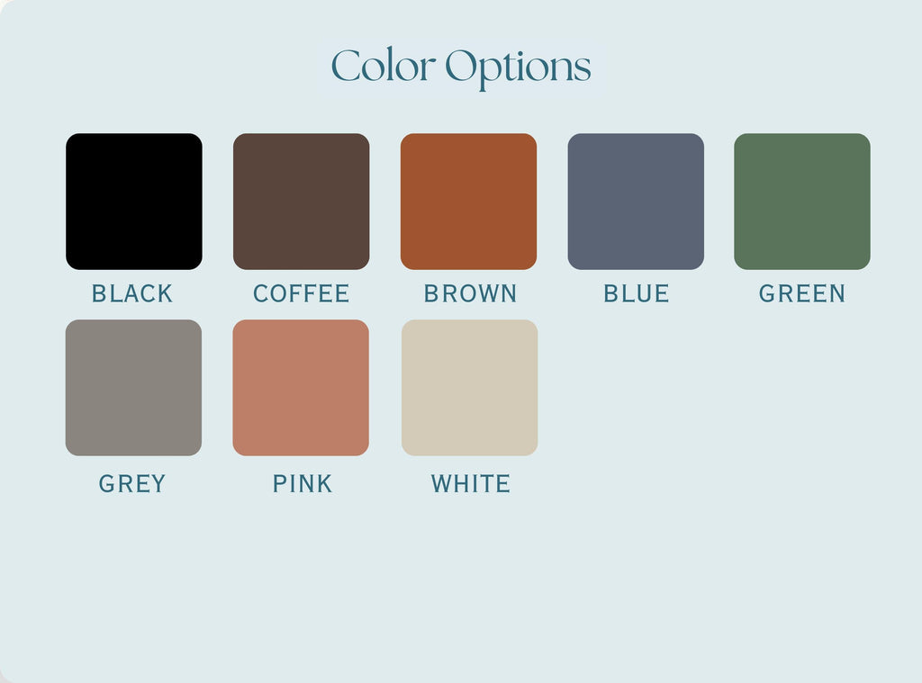 Color swatches labeled with options on a light blue background