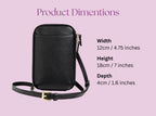 Black leather crossbody bag with dimensions on a pink background