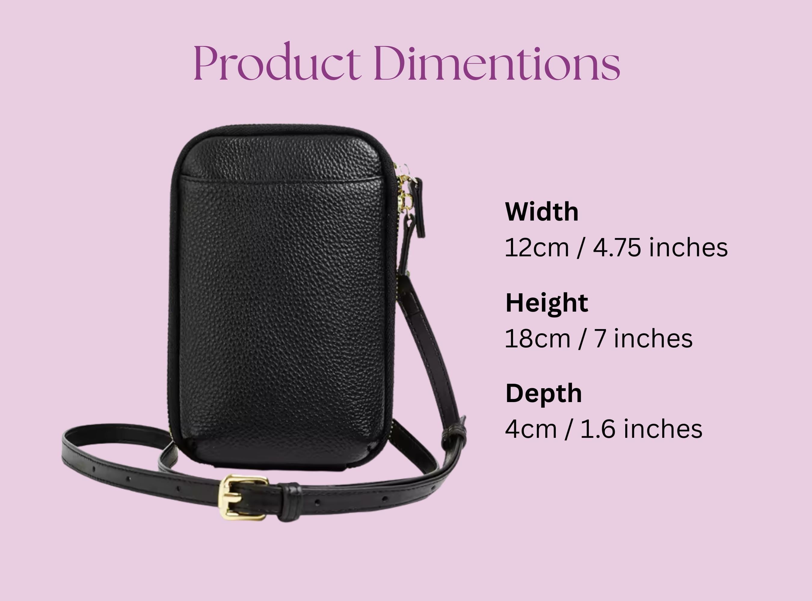 Black leather crossbody bag with dimensions on a pink background