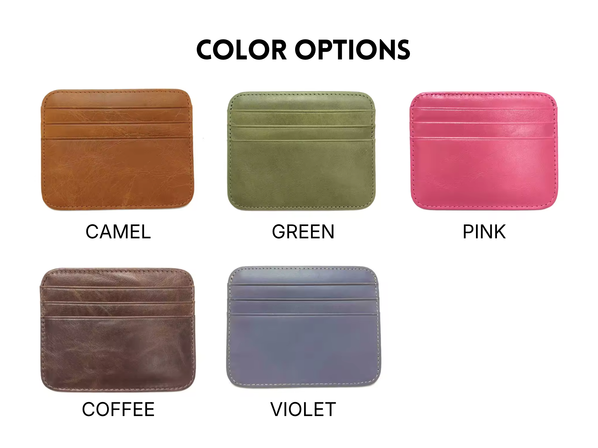 Color options for a wallet with camel, green, pink, coffee, and violet choices.