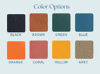 Color swatches labeled with options including black, brown, green, blue, orange, coral, yellow, and grey on a light blue background.