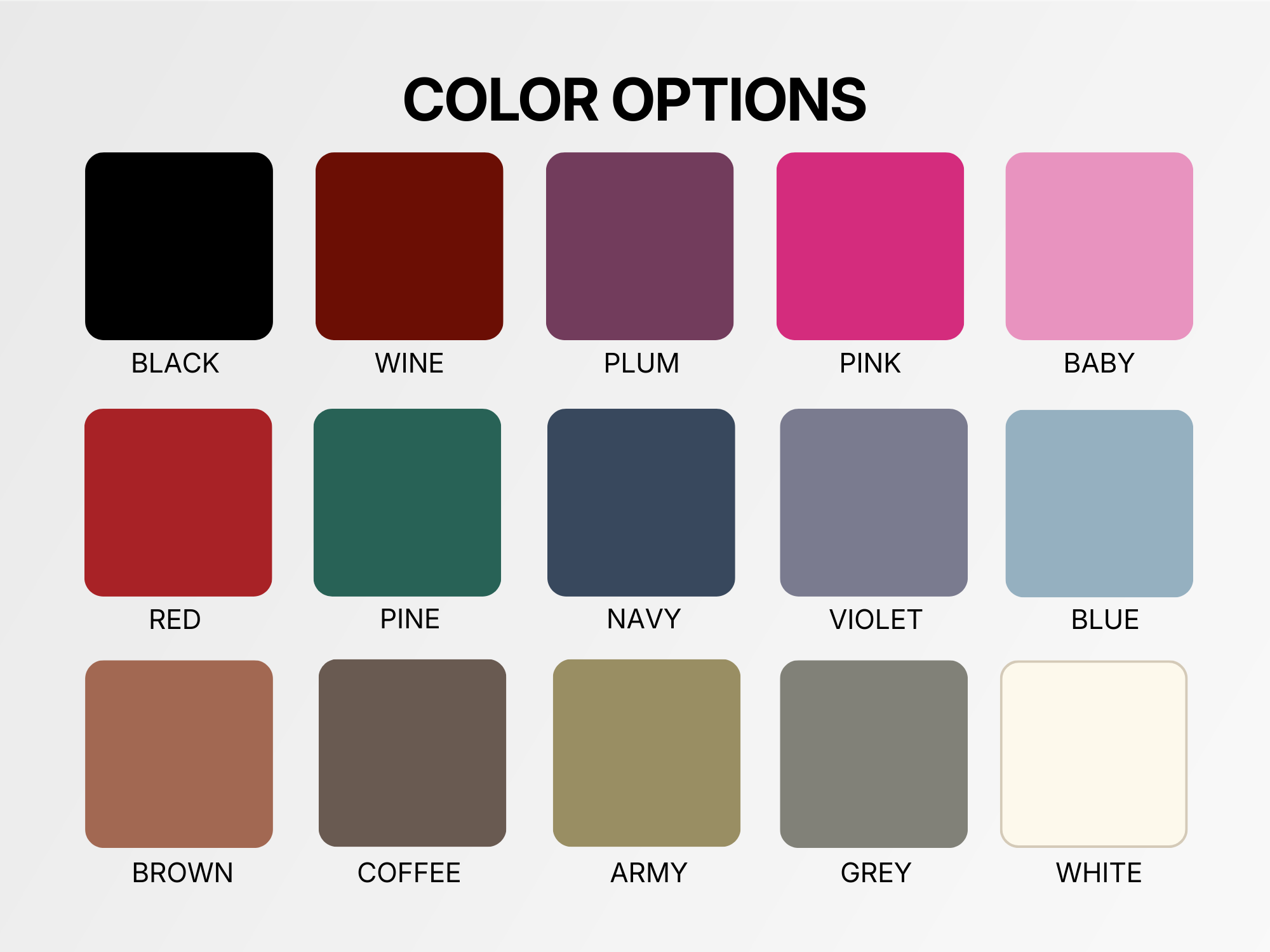 Color swatches with labels for various color options on a white background