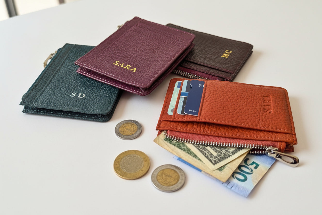 Collection of leather wallets with monogramming on a colorful polka dot background